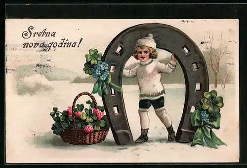 AK Kind unter grossem Hufeisen im Schnee