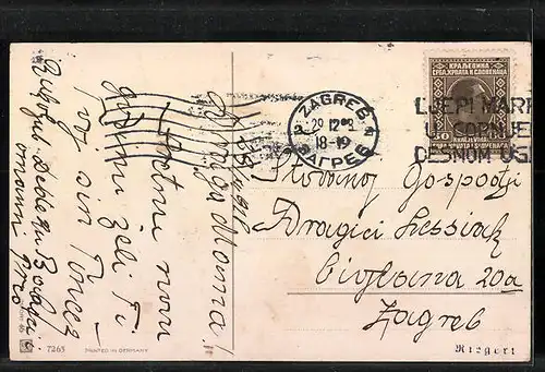 AK Kind unter grossem Hufeisen im Schnee