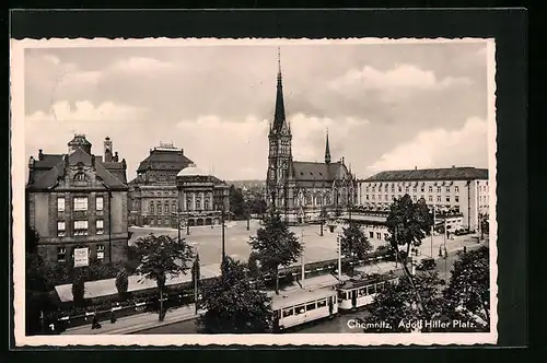 AK Chemnitz, Platz mit Kirche und Strassenbahn