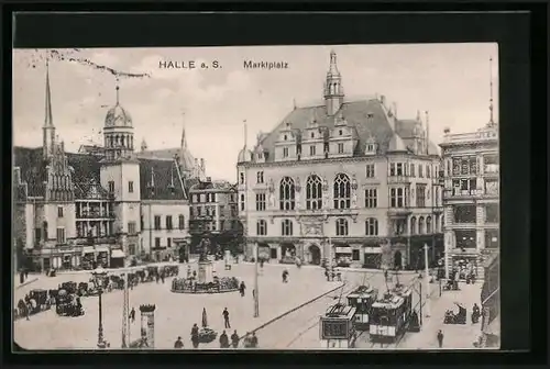AK Halle a. S., Marktplatz mit Geschäften, Denkmal und Strassenbahn
