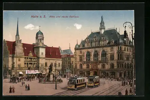 AK Halle a. S., Altes und neues Rathaus mit Denkmal und Strassenbahn