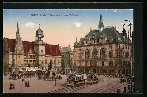 AK Halle a. S., Altes und neues Rathaus mit Denkmal und Strassenbahn