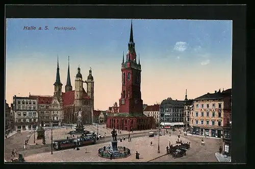 AK Halle a. S., Marktplatz mit Hotel, Kirche und Denkmal, Strassenbahn
