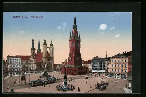 AK Halle a. S., Marktplatz mit Hotel, Kirche und Denkmal, Strassenbahn
