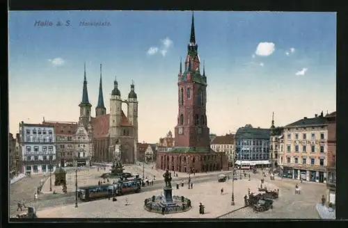 AK Halle a. S., Marktplatz mit Hotel, Kirche und Denkmal, Strassenbahn