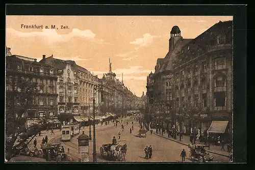 AK Frankfurt a. M., Zeil mit Geschäften und Strassenbahn