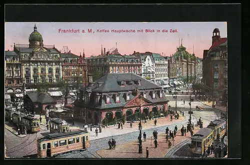 AK Frankfurt a. M., Café Hauptwache mit Blick in die Zeil, Strassenbahn