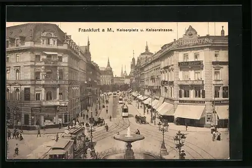 AK Frankfurt a. M., Kaiserplatz und Kaiserstrasse mit Zahn-Atelier und Geschäften, Strassenbahn