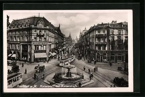 AK Frankfurt a. M., Kaiserplatz und Kaiserstrasse mit Geschäften, Strassenbahn