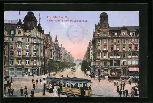 AK Frankfurt a. M., Kaiserstrasse mit Hotel und Geschäften vom Hauptbahnhof, Strassenbahn