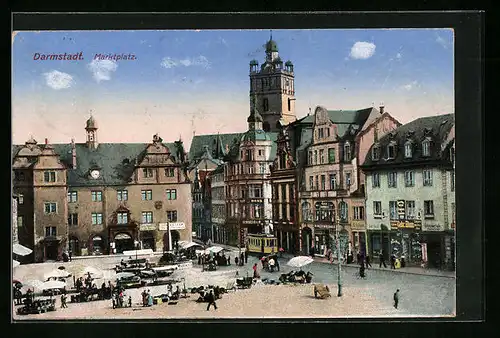AK Darmstadt, Marktplatz mit Geschäften und Strassenbahn