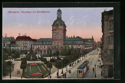 AK Mannheim, Kaufhaus mit Paradeplatz und Strassenbahn