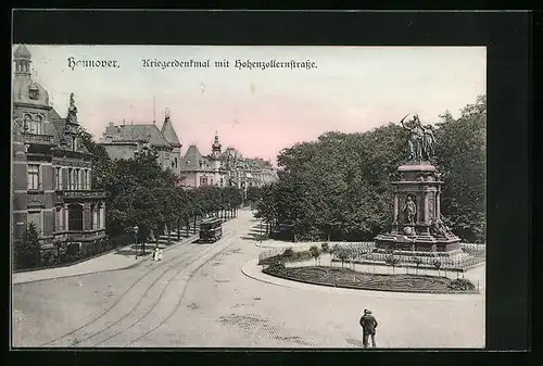AK Hannover, Kriegerdenkmal und Hohenzollernstrasse mit Strassenbahn