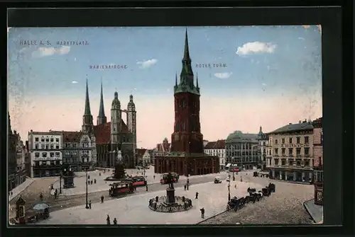 AK Halle /Saale, Marktplatz mit Marienkirche und rotem Turm, Strassenbahnen
