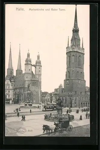 AK Halle, Marienkirche und Roter Turm, Strassenbahn