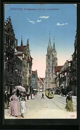 AK Nürnberg, Königstrasse mit St. Lorenzkirche und Strassenbahn