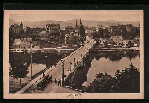 AK Saalfeld, Blick auf die Brücke mit Passanten und Kutsche