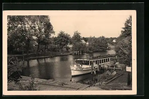 AK Prieros, Dampferanlegestelle mit Boot Wolfgang