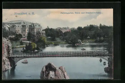 AK Frankfurt-Westend, Palmengarten, Teich und Drahtseilbrücke