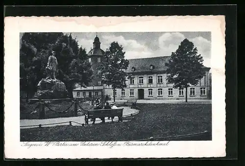 AK Siegen i. W., Partie am Unteren Schloss und Bismarckdenkmal