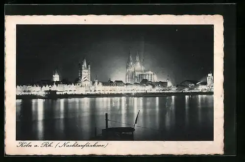 AK Köln, Panorama bei Nacht, Illuminierte Altstadt