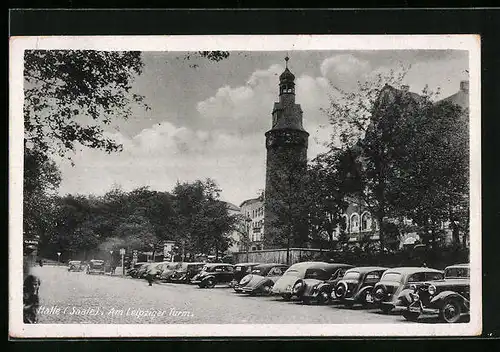 AK Halle /Saale, Strassenpartie am Leipziger Turm