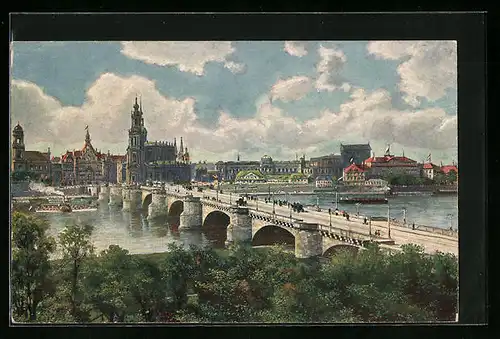 AK Dresden, König-Friedrich-August-Brücke, Schlossplatz und Theaterplatz