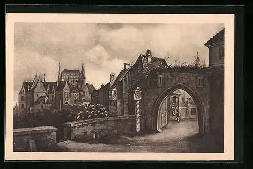 Künstler-AK Meissen, Ehemalige Stadttore, Lommatzscher Tor mit Blick auf die Burg