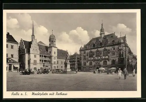 AK Halle a. S., Marktplatz mit Rathaus und Denkmal