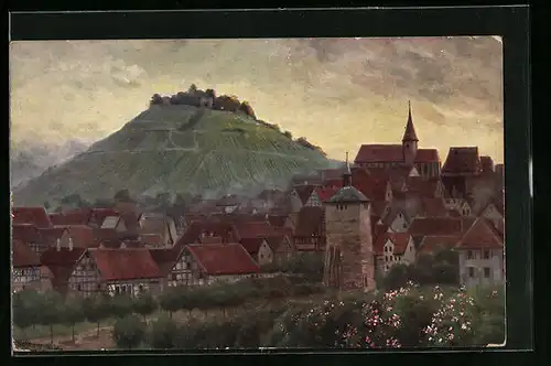 Künstler-AK Weinsberg, Teilansicht mit Burgruine Weibertreu