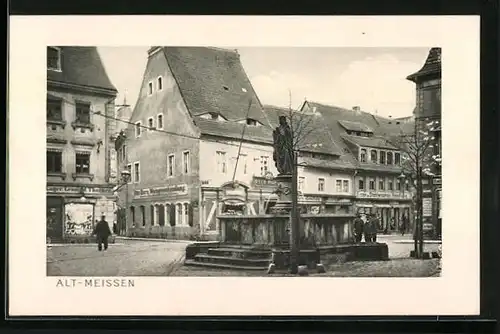 AK Meissen, Heinrichsplatz mit Geschäften und Brunnen