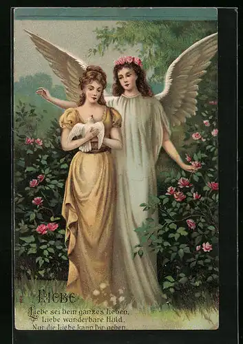 Präge-AK Engel mit junger Frau und weisser Taube, Allegorie für Liebe