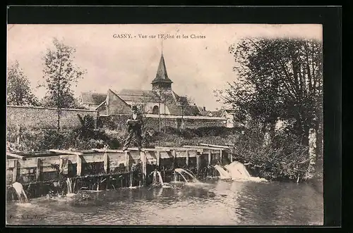 AK Gasny, Vue sur l`Eglise et les Chutes