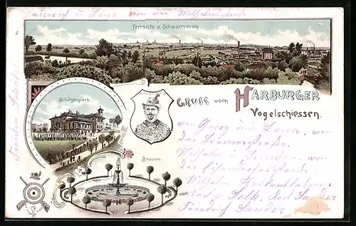 Lithographie Harburg, Vogelschiessen, Schützenpark, Panorama