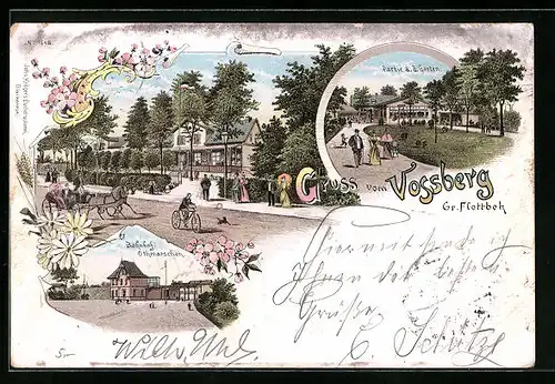 Lithographie Gr. Flottbek, Gasthaus Vogsberg, Bahnhof Othmarschen