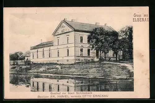 AK Elbenau, Gasthof zur Stadt Schönebeck vom Wasser gesehen
