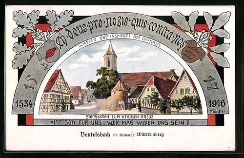 Künstler-AK Beutelsbach /Remstal, Stiftskirche zum Heiligen Kreuz, Wappen und Inschrift am Rathaus, Eichenlaub