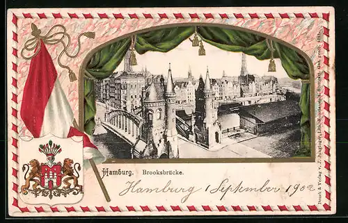 Passepartout-Lithographie Hamburg, Brooksbrücke aus der Vogelschau, Wappen, Fahne, Banderole