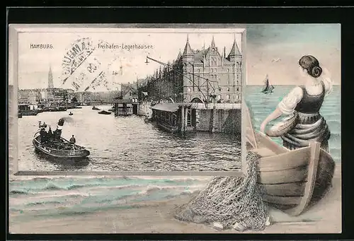 Künstler-AK Hamburg, Freihafen-Lagerhäuser, Fischersfrau neben Boot am Meer