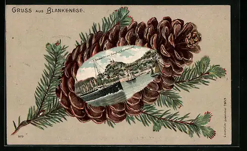 Passepartout-Lithographie Hamburg-Blankenese, Elbansicht mit Dampfer Deutschland in Tannenzapfen-Passepartout