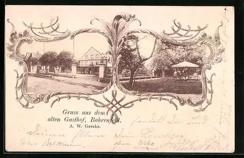 Künstler-AK Hamburg-Bahrenfeld, Alter Gasthof von der Strasse gesehen, Gastgarten, Ornamente