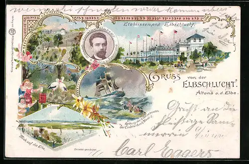 Lithographie Altona /Elbe, Etablissement Elbschlucht, Rettung Schiffbrüchiger der Cimbria, Portrait eines Geretteten