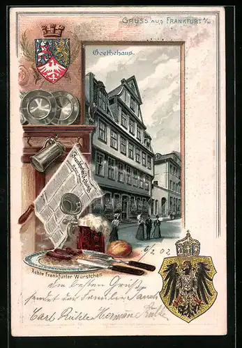 Passepartout-Lithographie Alt-Frankfurt, Goethehaus, Ächte Frankfurter Würstchen, Wappen