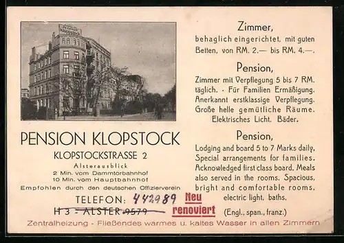 AK Hamburg-Rotherbaum, Hotel-Pension Klopstock, Klopstockstrasse 2, jetzt Warburgstrasse