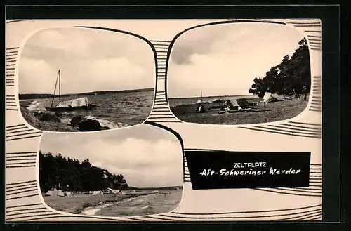 AK Alt Schwerin, Zeltplatz Alt-Schweriner Werder in drei Ansichten