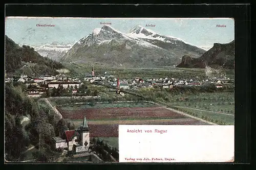 AK Ragaz, Totalansicht mit Churfirsten, Gonzen, Alvier und Säntis