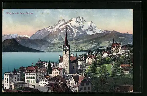 AK Weggis, Ortsansicht mit dem Pilatus