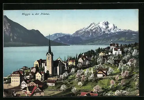 AK Weggis, Ortsansicht und der Pilatus