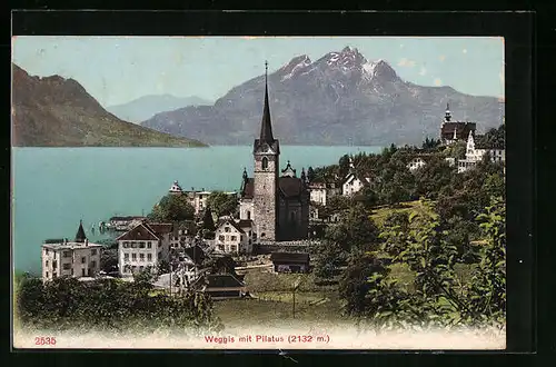 AK Weggis, Ortsansicht mit Pilatus