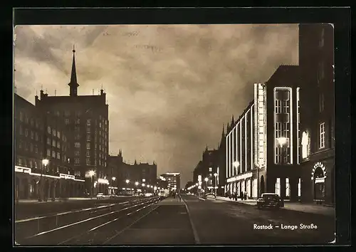 AK Rostock, Lange Strasse am Abend